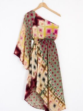 Charlie Jade 100% Silk One Shoulder Geometric Print Dress Size S